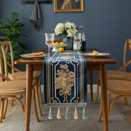 

Tassel Home Tablecloth European Navy Style Flower Table Runner Chenille Tassel Home Tablecloth Polyester Tablecloth Table Runner(32*200cm)