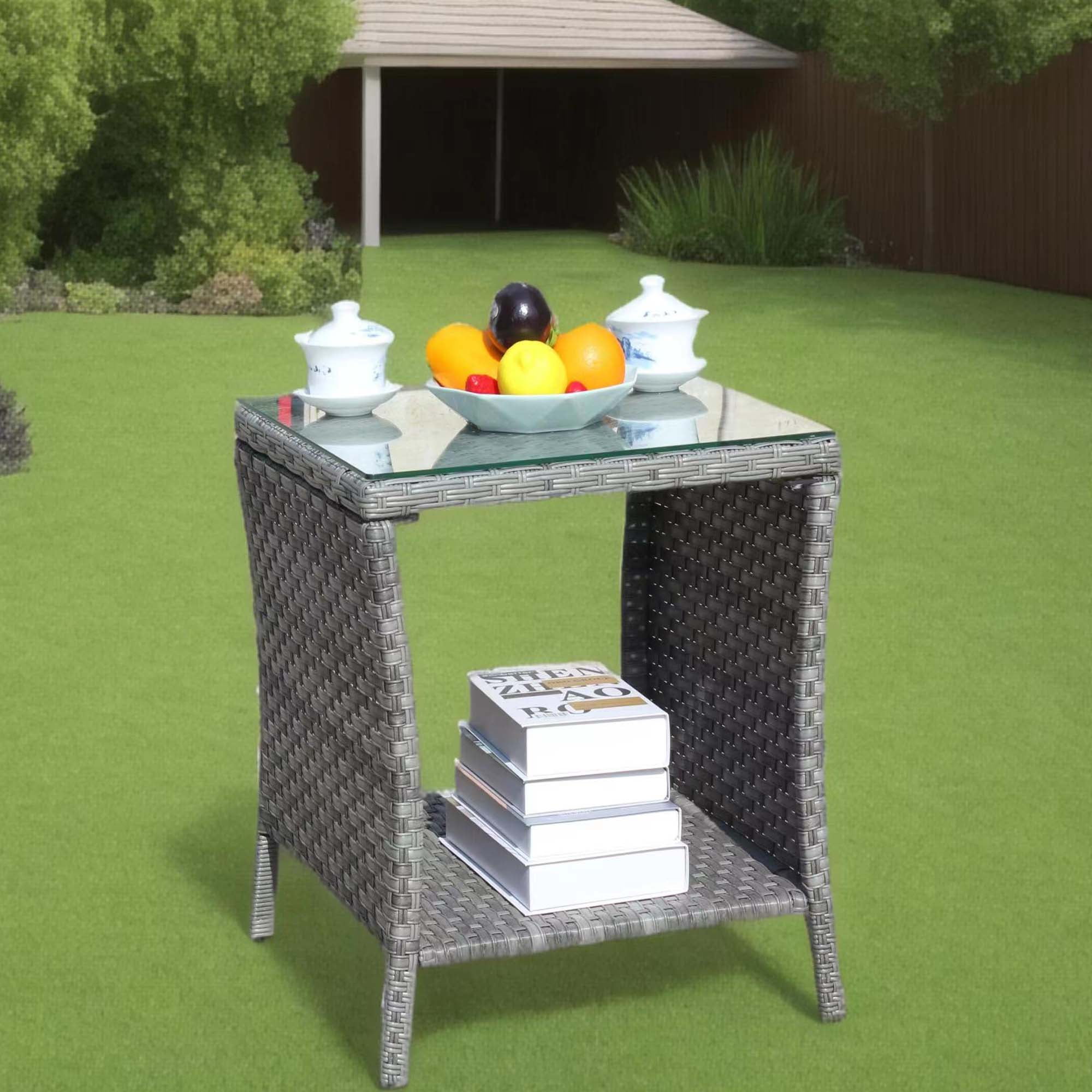 PE Rattan Outdoor Patio Coffee Table with 0.2 Inch Clear Tempered Glass Top, 19.25×19.25×21 Inch Steel Frame Side Table, 120LBS Weight Capacity Weather Resistant Garden Deck Table