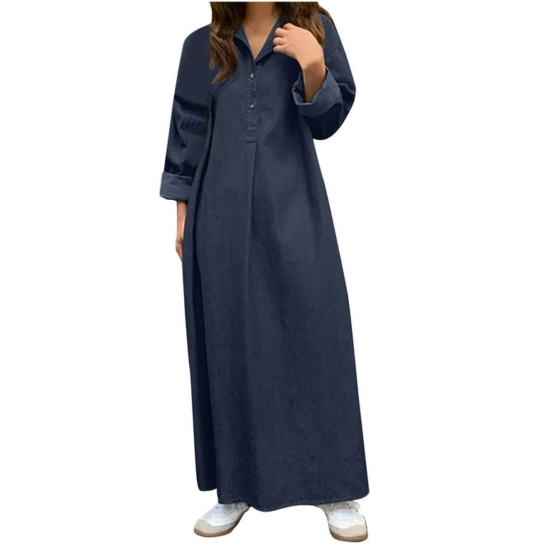 JNGSA T-Shirt Dress Women,Women's Long Sleeve Denim Dress Solid Color  Quater-Button Lapel Long Dress Loose Fit Denim Maxi Dresses Navy -  Walmart.com