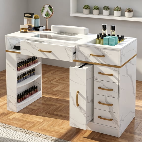 EVOKEDEN Manicure Nail Table w/Electric Dust Collector, Manicure Station with Wrist Cushion, Storage Cabinet & Drawers, Shelves, for Salon & Home, White