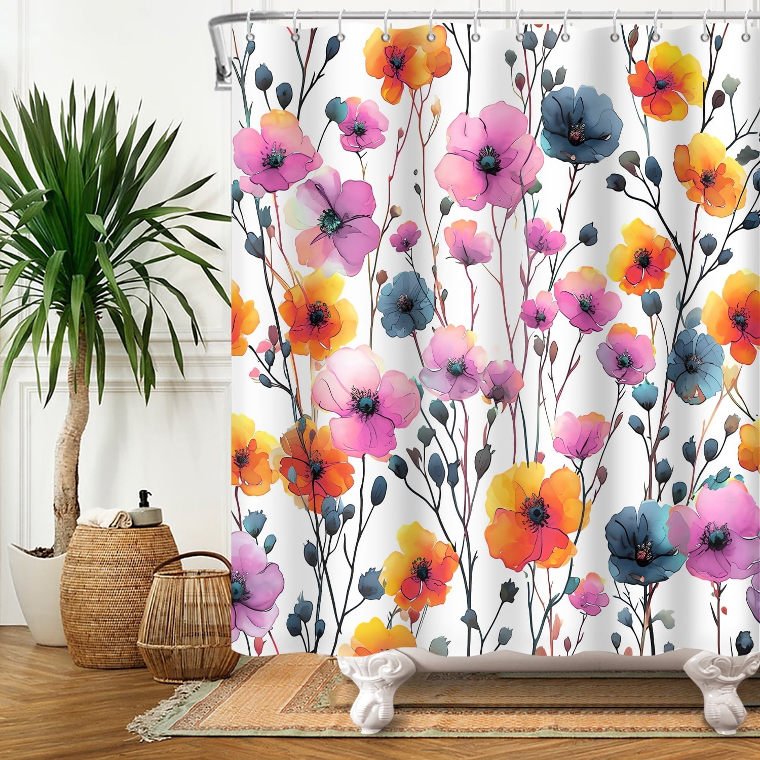 MIZHONA Purple Floral Shower Curtain Spring Colorful Flowers Bath Curtains for Bathroom Decorative  72"X72"