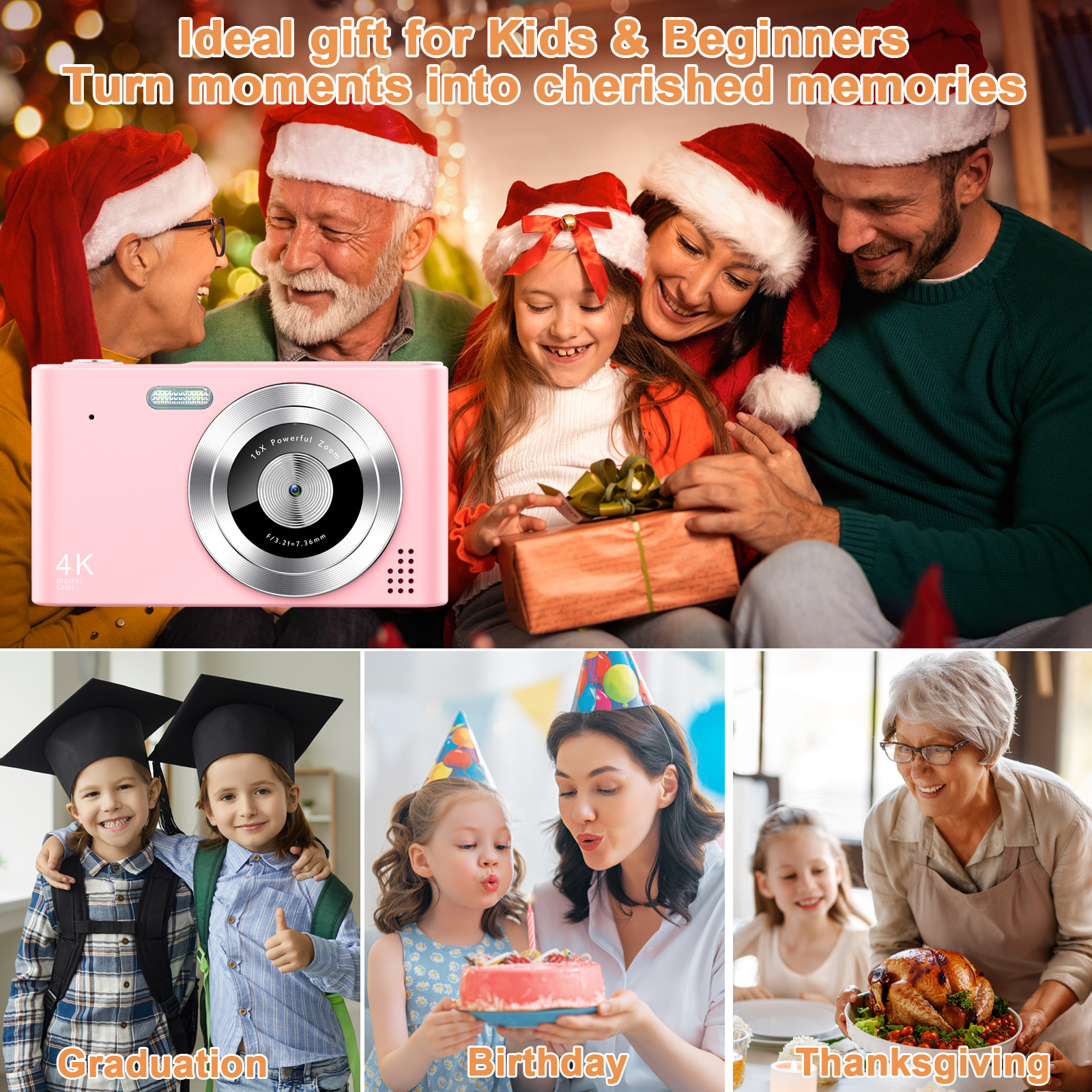 Geryst Digital Camera, 4K UHD 48MP, 16X Zoom, Kids, Pink photo 6