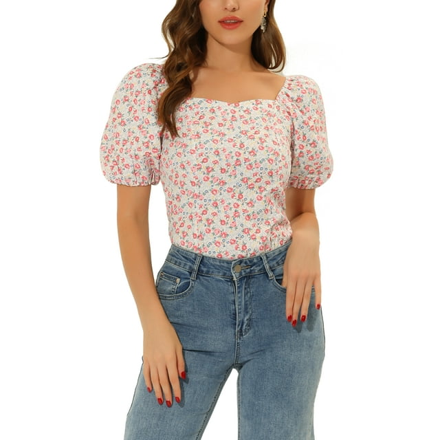 INSPIRAR CHIC Blusa Floral para Mujeres Cuello Cuadrado con Manga Abullonada Espalda Fruncida Top Casual Blanco Rojo L