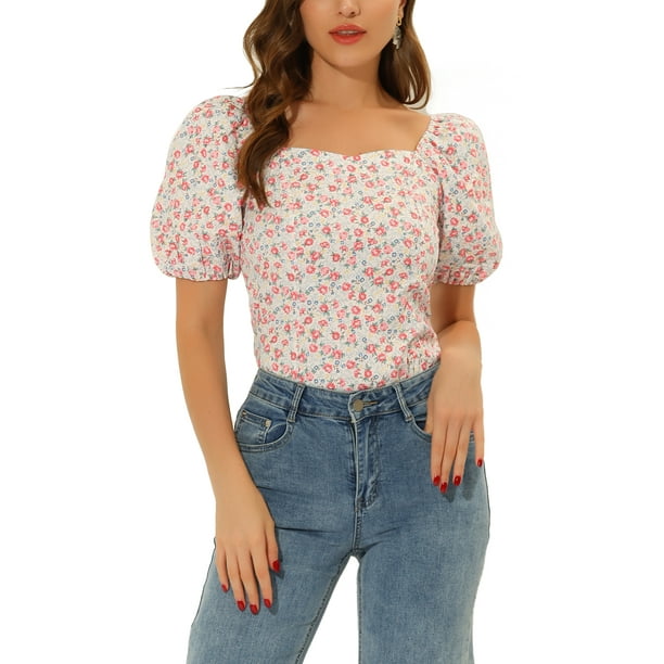 INSPIRAR CHIC Blusa Floral para Mujeres Cuello Cuadrado con Manga Abullonada Espalda Fruncida Top Casual Blanco Rojo L