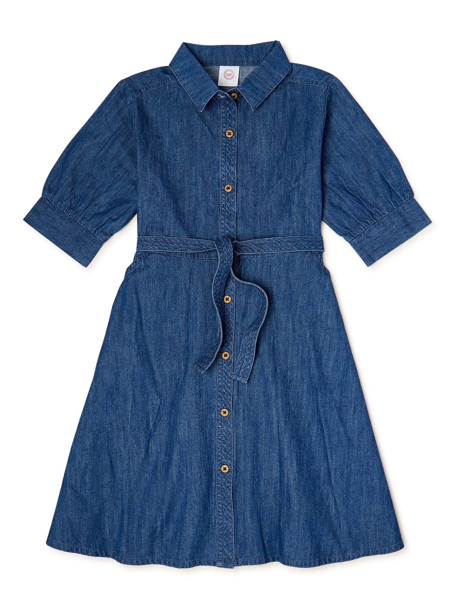 Wonder Nation Girls Collared Shirt Dress with Elbow Sleeves, Sizes 4-18 & Plus