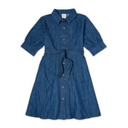 Wonder Nation Girls Collared Shirt Dress with Elbow Sleeves, Sizes 4-18 & Plus