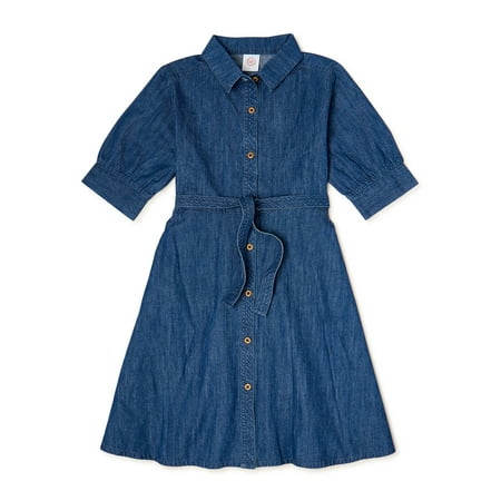 Wonder Nation Girls Collared Shirt Dress with Elbow Sleeves, Sizes 4-18 & Plus