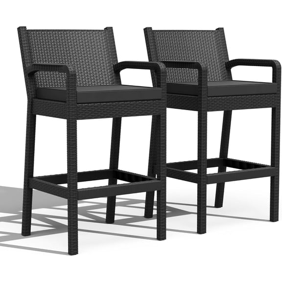 Senfot Patio Bar Stools Set of 2 Outdoor Wicker Bar Height Chairs with Arms Cushions All Weather Black for Patio Backyard Pool Deck Balcony Black