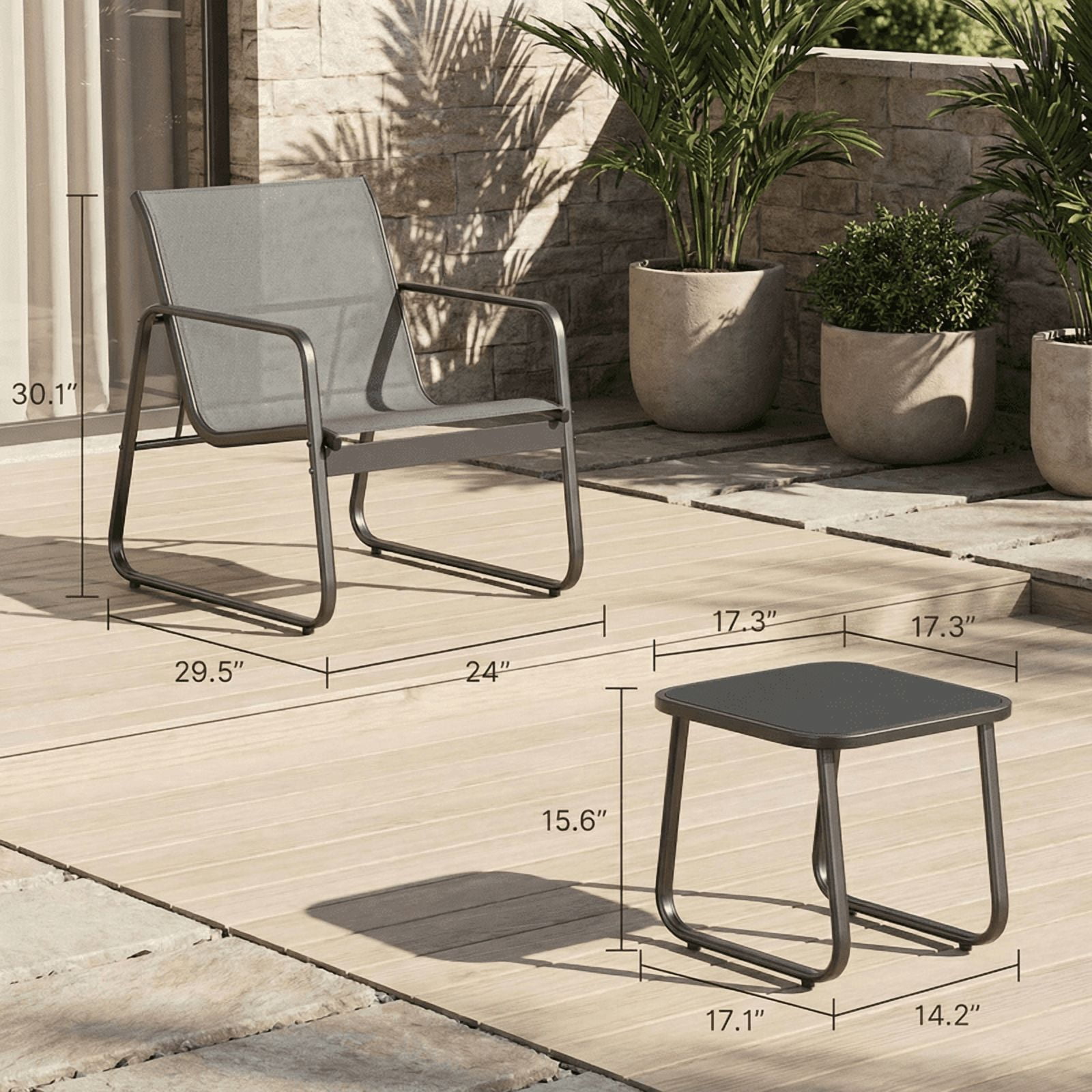 3-Piece Outdoor Patio Furniture Set, Modern Textilene Conversation Set with Coffee Table, All-Weather Bistro Set for Lawn, Balcony, Backyard, and Porch, Gray