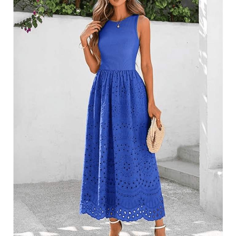 Women Summer Dresses Casual Sleeveless Crewneck A-Line Boho Lace Eyelet  Cotton Tank Maxi Dress with Pockets - Walmart.com