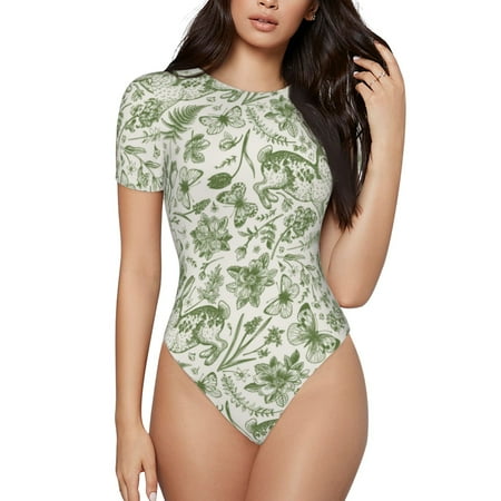 Gaeub Green Rabbit Print Women s Short Sleeve One Piece Swimsuit Sexy High-Waisted Bodysuit Bathing Suit for Swimming  Beach  Sports-X-Large