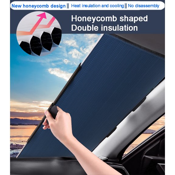 New Retractable Car Sun Shade for Windshield, Cellular Sun Visor Protector Blocks 99% UV Rays, Honeycomb Sunshade Fits Various Models Fits Various Models (65CM/25.6IN)