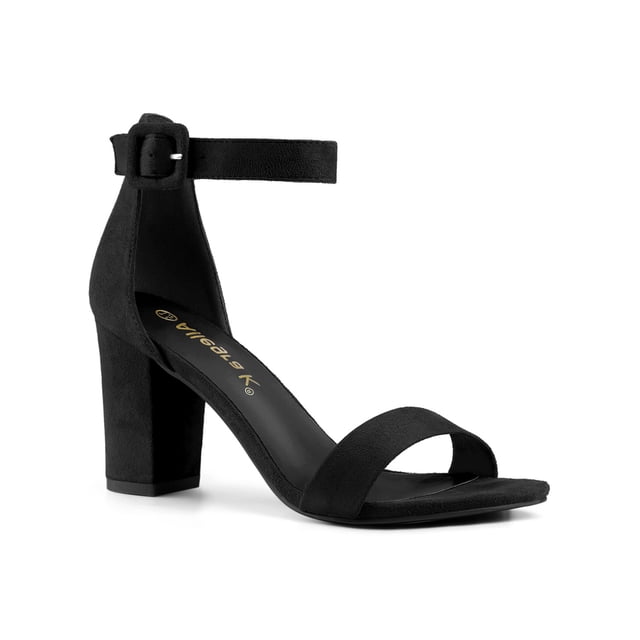 BLISSFUL STEP Women's Shoes Ankle Strap Block Heel Buckle Open Toe Sandals Black 5.5