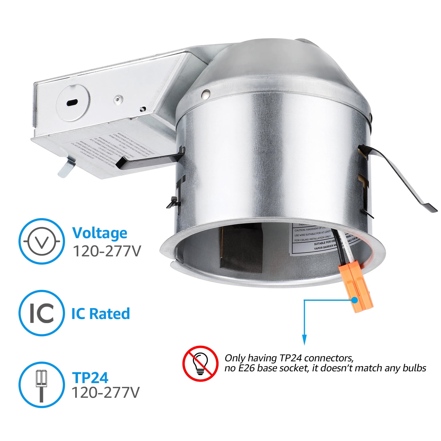 4 Inch IC Rated Air Tight Remodel Shallow LED Recessed Housing Can, 120-277V Max 15W Compatible, TP24 Connector, ETL Certified, Damp Location Rated