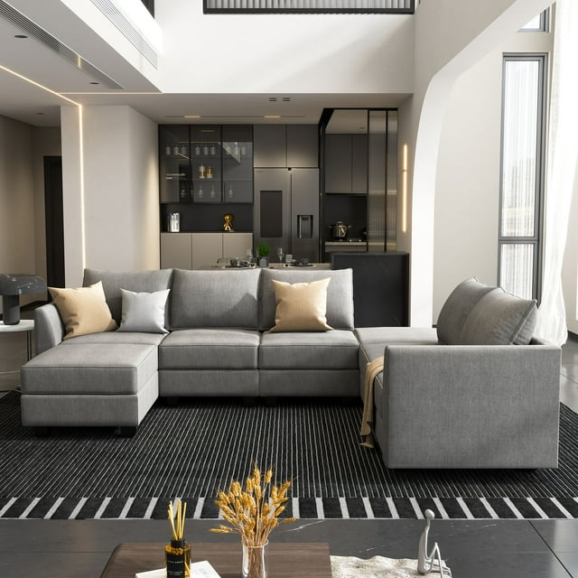HONBAY Canapé Sectionnel Modulaire, Canapé en U avec Sièges de Rangement, Canapé Sectionnel avec Méridienne Convertible et Ottomans, Gris