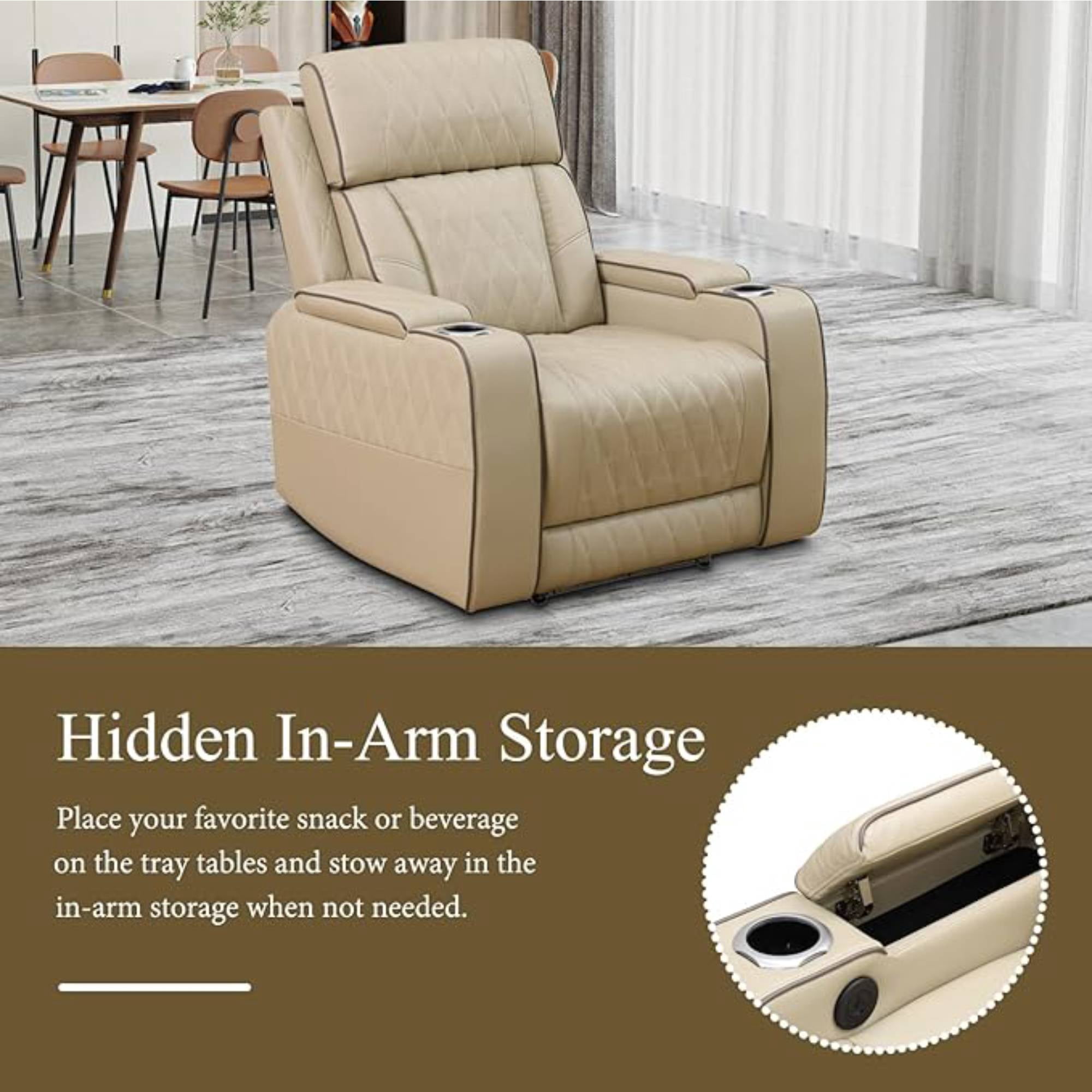 Leather Power Recliner Sofa Chair, Reclining Sofa Couch with LED, Recline Couch with USB Port&Cup Holder, Khaki