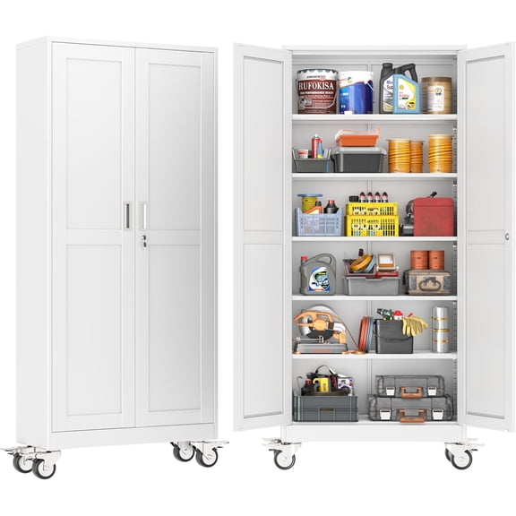 Metal Storage Cabinet with Wheels,Tall Rolling Garage Storage Cabinet with 2 Doors and 5 Adjustable Shelves - 75" Steel Lockable File Cabinet,Locking Tool Cabinets for Garage,Office,Gym,School(White)