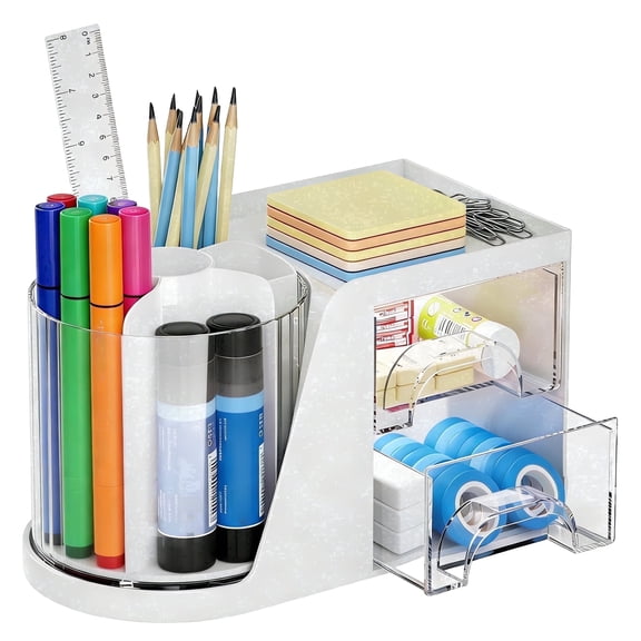 360° Rotating Pen Organizer with 2 Clear Drawers, Multi-Compartment Desktop Stationery Storage for Office and School, Spinning Pencil Holder Caddy