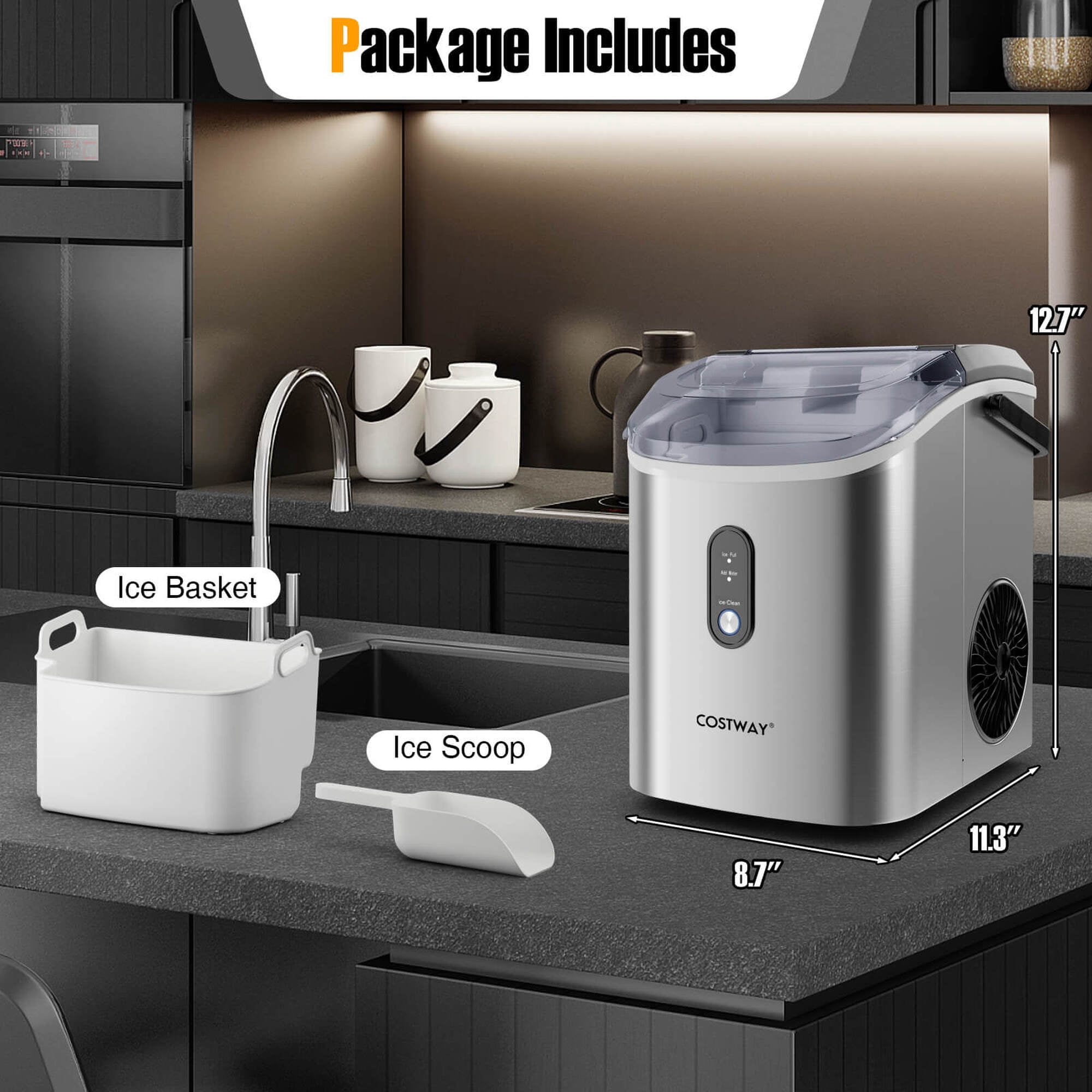 Costway Countertop Ice Maker with Soft Chewable Pellet Ice  Ready in 6 Mins Silver