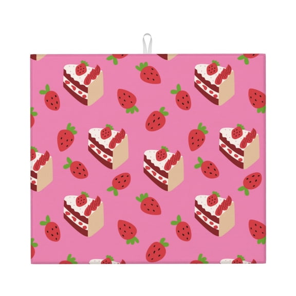 Vsdgher Strawberry Cake Print Dish Drying Mat, Kitchen Counter Mat, Dish Drying Pad for Dishes, Utensils, Pots and Pans,16" x 18"