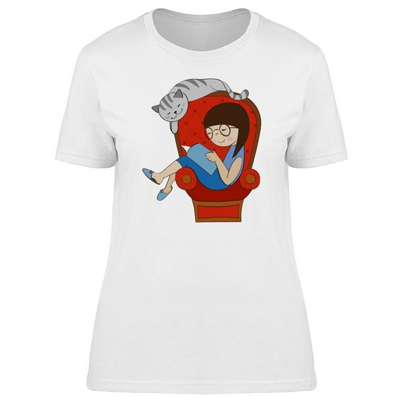 Girl Reading A Book With Her Cat T-Shirt Women -Image by Shutterstock, Female x-Large