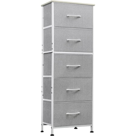 WLIVE Fabric Dresser, 5-Drawer Tall Dresser for Bedroom, Storage Dresser Organizer with Fabric Bins, Wood Top, Sturdy Steel Frame, Chest of Drawers for Closet, Hallway, Light Grey