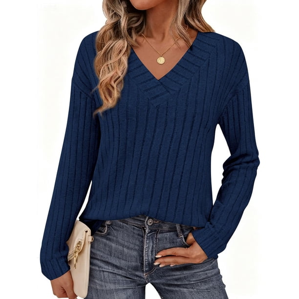 Remera PRETTYGARDEN Azul Marino Cuello en V Tejido Acanalado M