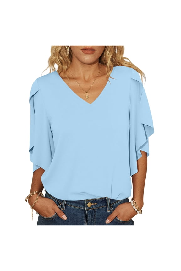 Women Blouses Dressy Casual V Neck 3/4 Split Sleeve Flutter Chiffon Tops Loose Fit Casual Work Shirts Fashion Summer Elegant Tunics Light Blue,XXL