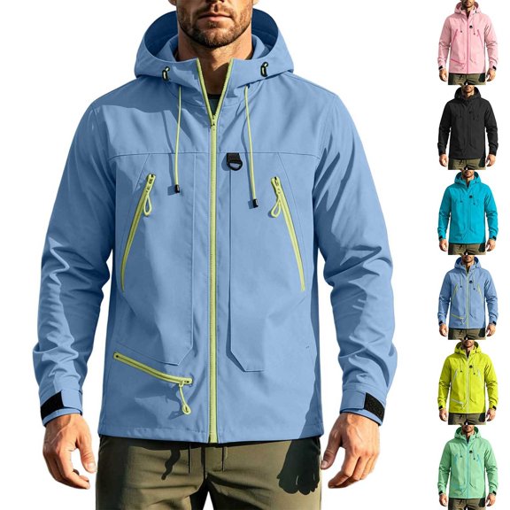AnuYalue Mens Outdoor Jackets Hiking Softshell Coat Zip Up Waterproof Jacket Adjustable Hood, ZipperPockets Long, Sleeve, Daily Wear