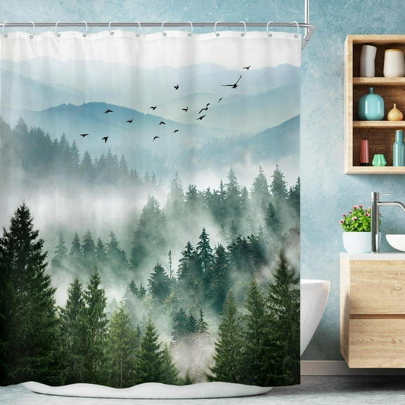 Green Mountain Shower Curtain 66Wx72H Inch Nature Scenery Foggy Pine Tree Scenic Woodland Greenery Landscape Mens Bathroom Decor Fabric Polyester Waterproof 12 Pack Hooks