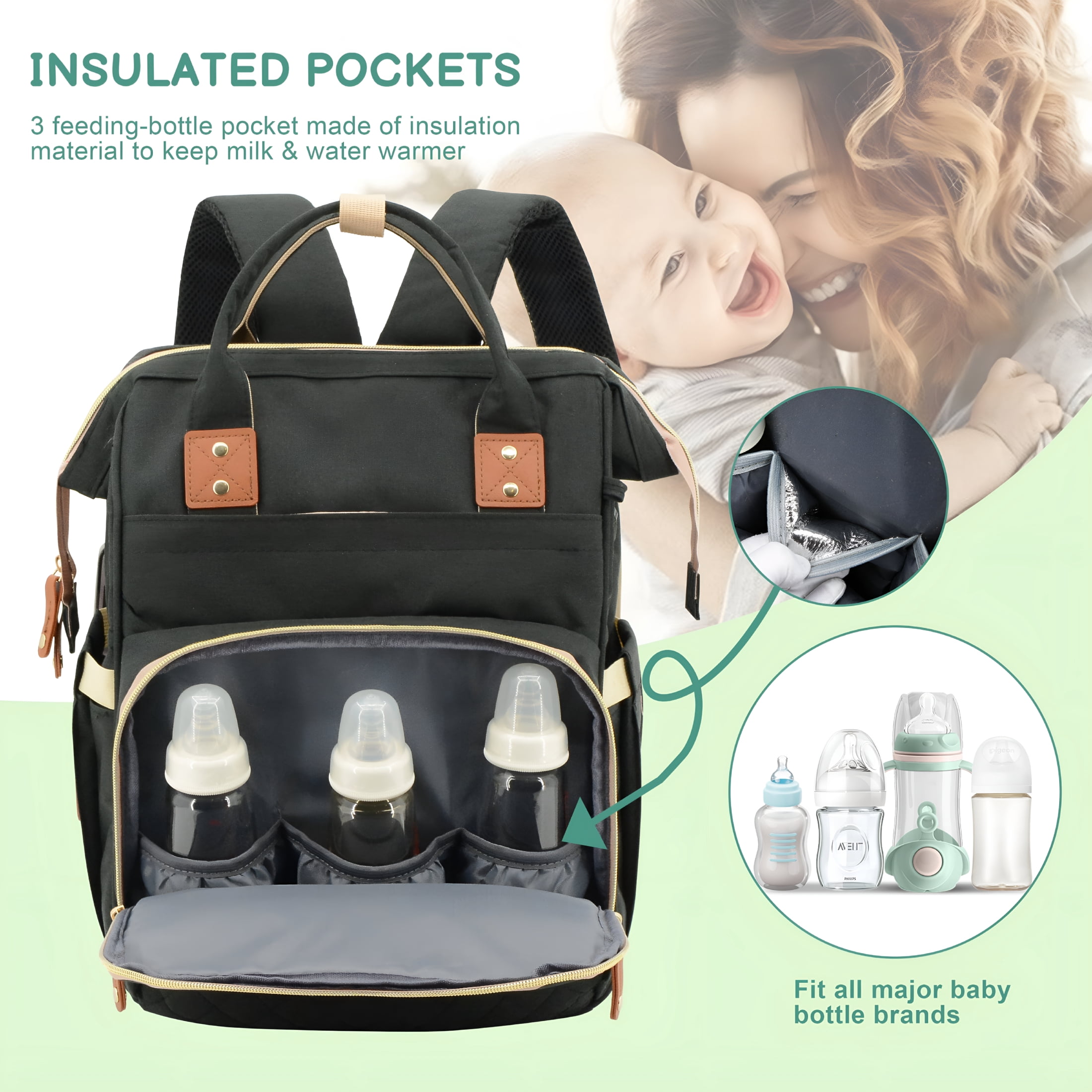 GASTROPOD 2026 New Diaper Bag Backpack,Baby Bag with Insulated Bottle Pockets,Unisex,For Travel,Outings,Hospital,Shopping,Park,Black Diaper Bag Organizing Pouches