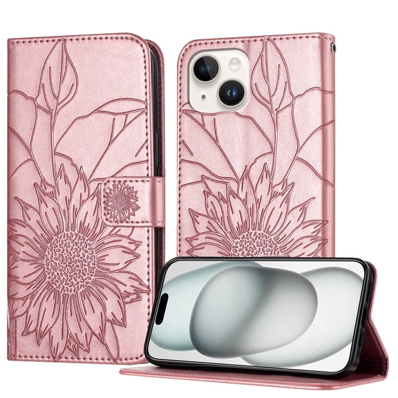 ELEHOLD Case for iPhone 15 Plus, Sunflower Embossed Leather Wallet Case with Magnetic Closure & Kickstand,Rosegold