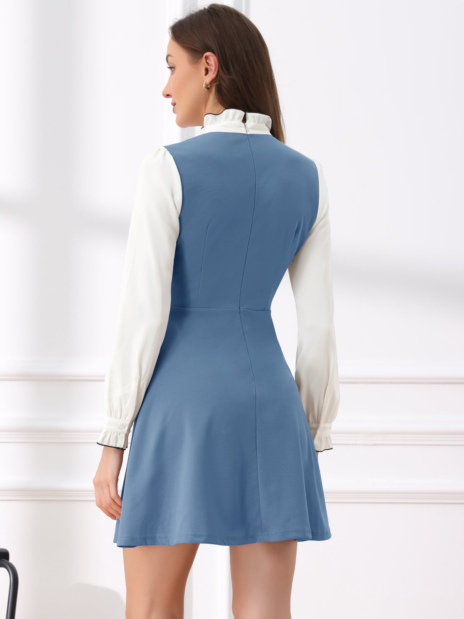 DARING DIVA Women's Tie Neck Vintage Long Sleeve Contrast Color Dress M Blue Gray