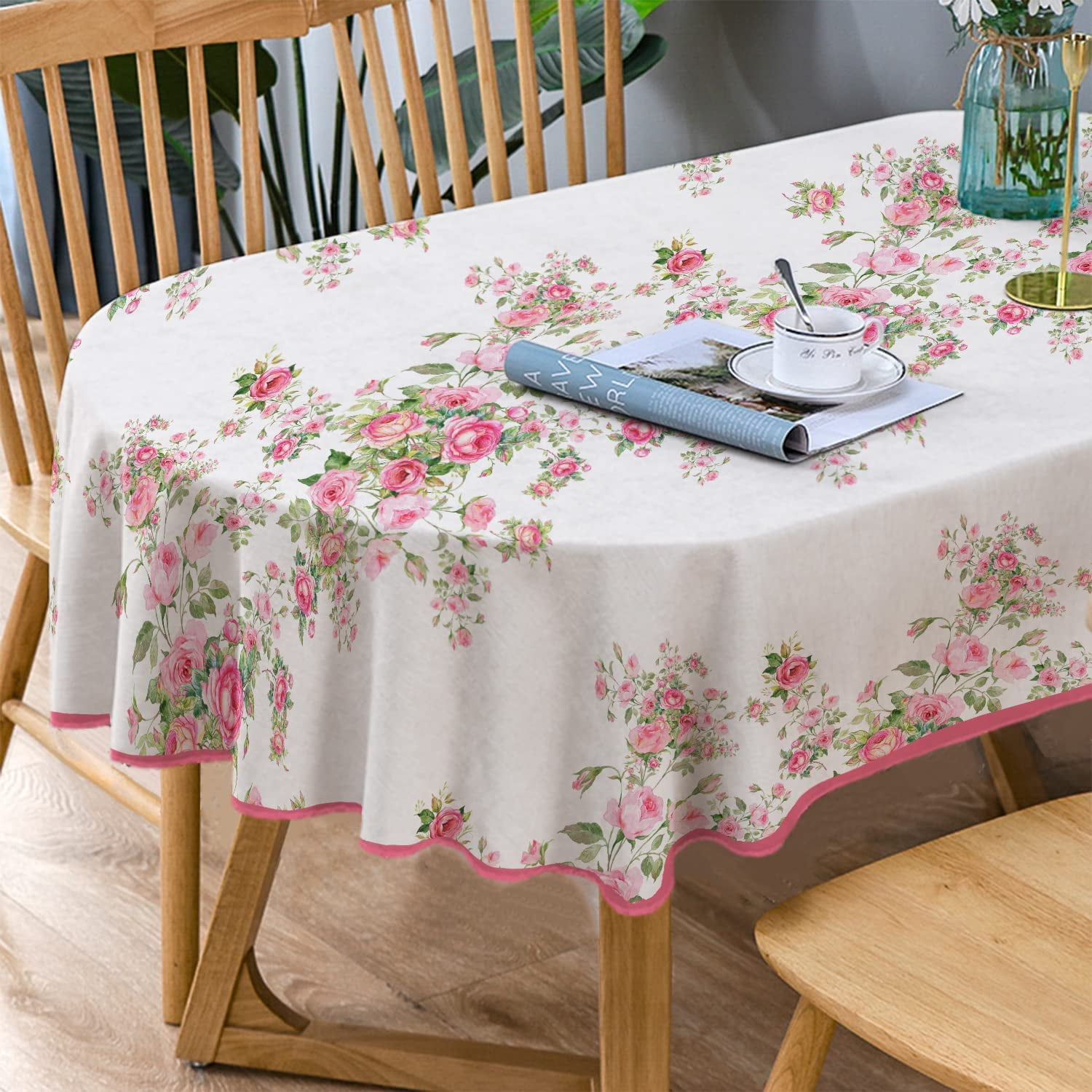 Pink Oval Tablecloth, Floral Oval Tablecloth, Pink Flowers Print Table