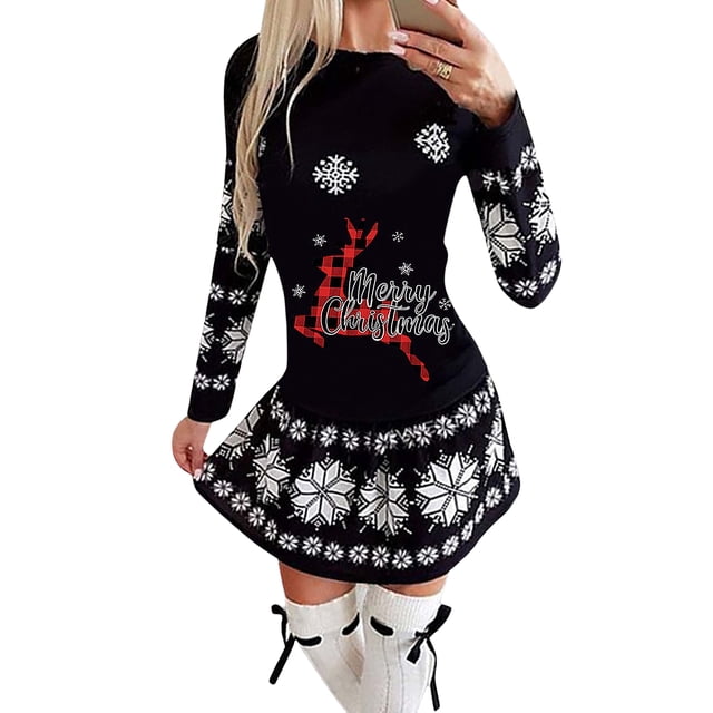 TheFound Women's Dress, Christmas Style Pattern Round Neck Long Sleeve Dress