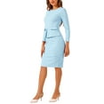 thumbnail image 4 of Vestido de trabajo midi ajustado de peplum para mujer Inspire Chic, cuello redondo, de manga larga, cintura alta, color azul cielo, talla S, 4 of 5