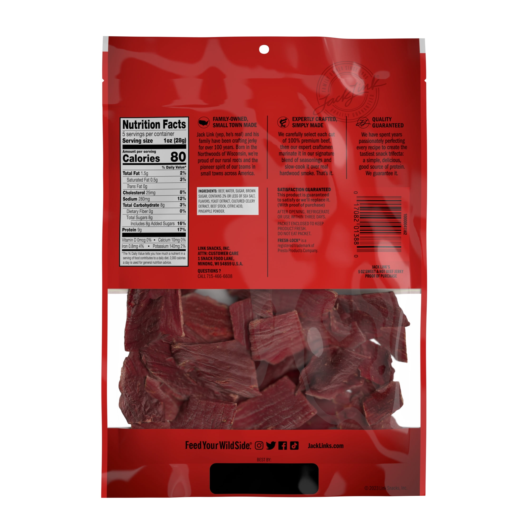 (2 pack) Jack Link’s Beef Jerky, Sweet & Hot, Made with 100% Beef, 9g of Protein per Serving, 5 oz, Resealable Bag