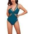 thumbnail image 1 of Traje de baño para mujer, 1 pieza, cuello en V, malla, empalme hueco, almohadilla de sujetador extraíble, fuerte elasticidad, breve traje de baño, traje de baño verde S, 1 of 6