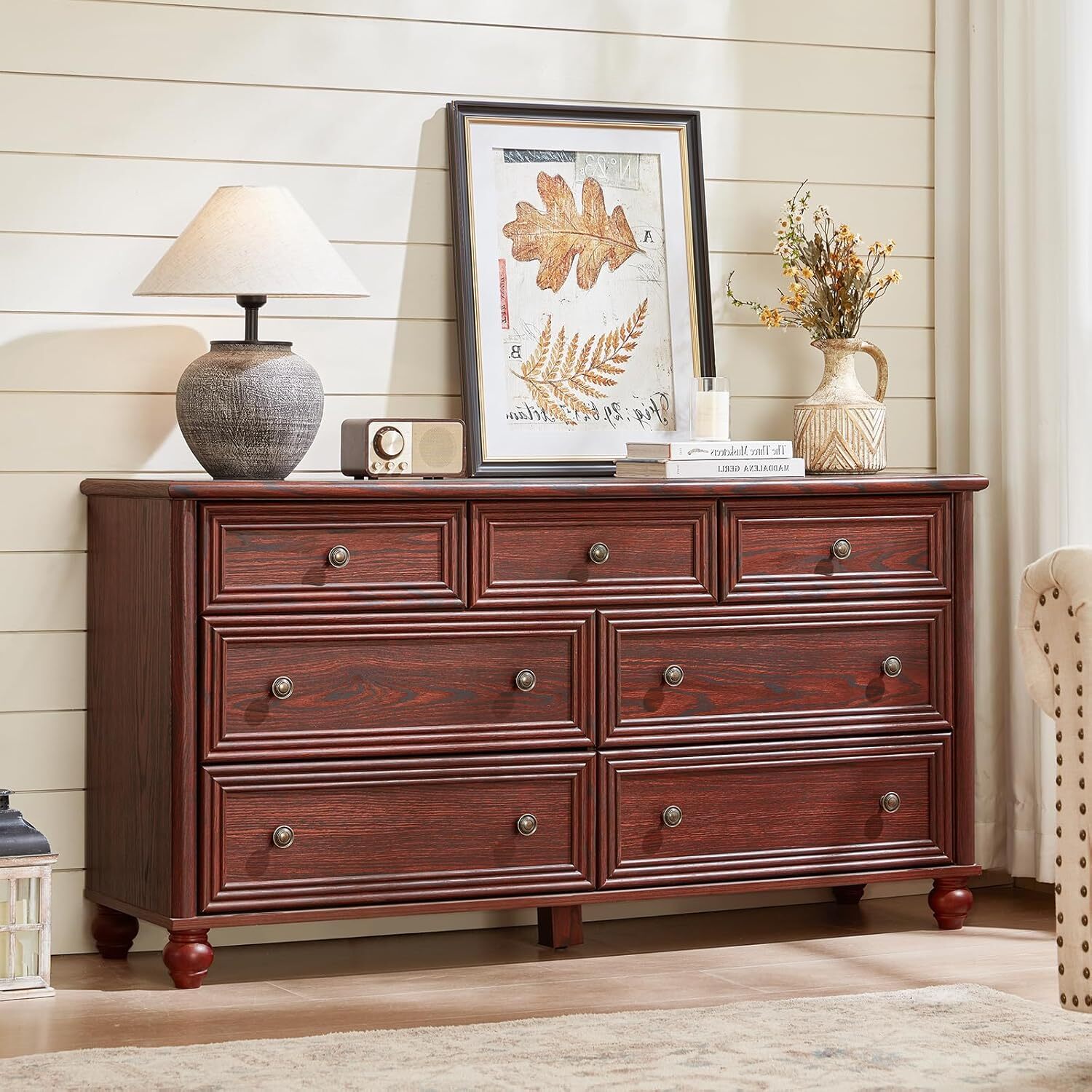 7 Drawers Dresser for Bedroom, Farmhouse 54" Wood Dressers Chest of Drawers, Vintage Design TV Stand, Rustic Storage Dresser Closet for Living Room, Red Oak