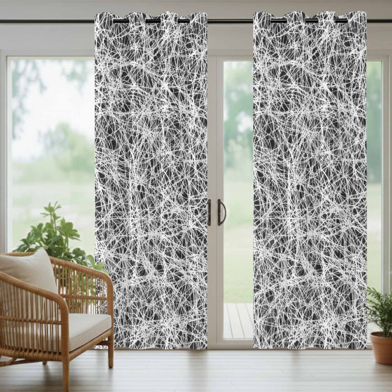 Abstract Fiber Line Outdoor Curtains for Patio, Spring Vibrant Black White Art Cobweb Sunshade Privacy Drapes Grommet Waterproof Outside Curtains for Porch/Cabana/Balcony 54"x 108", 1 Panel