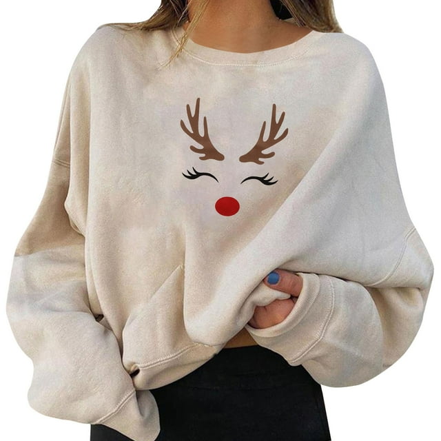 Bmisegm Pulls de Fête de Noël pour Femmes Imprimé Graphique Amusant Col Rond Manches Longues Chandails en Molleton Cadeaux Hauts Décontractés pour Femmes Beige TTG