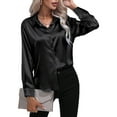 thumbnail image 2 of Frontwalk Ladies Tunic Tops Long Sleeve Blouse Lapel Shirts Women Satin Shirt Button Down Black XL, 2 of 5