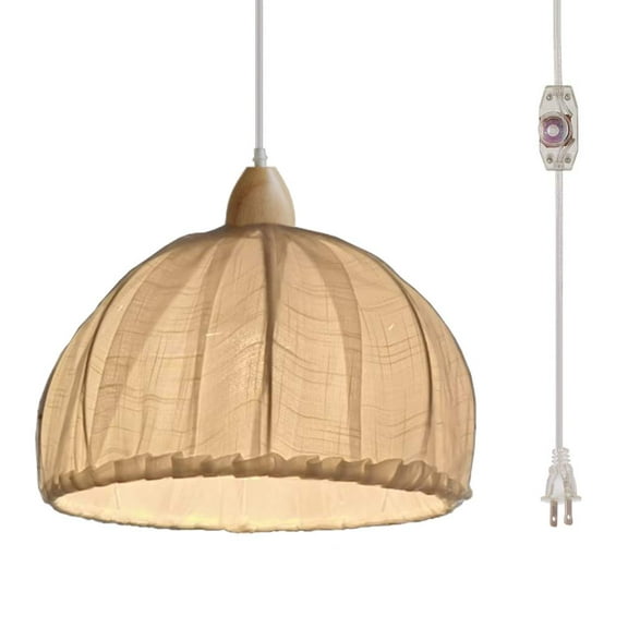 Kiven Plug-in Pendant Lights Dimmable Chandelier with ON/Off Dimmer Switch and 15’ Handing Cord,Fabric Dome Hanging Ceiling Lamp for Bedroom Dining Room and More,Beige