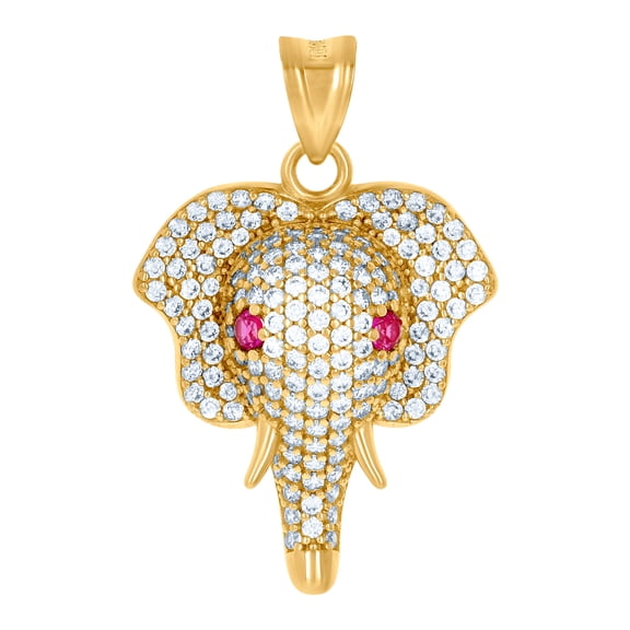 10k Yellow Gold Mens Pink White Cubic Zirconia Elephant Head Charm Pendant 33.6x21.9mm Wide Necklace for Men