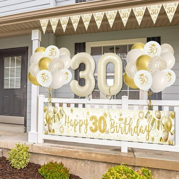 SPECOOL 30th Birthday Decorations, Sand White Gold 30th Happy Birthday Banner with Balloons, Men Women 30 Years Old Birthday Backdrop Yard Signs Thirty Birthday Decor Supplies