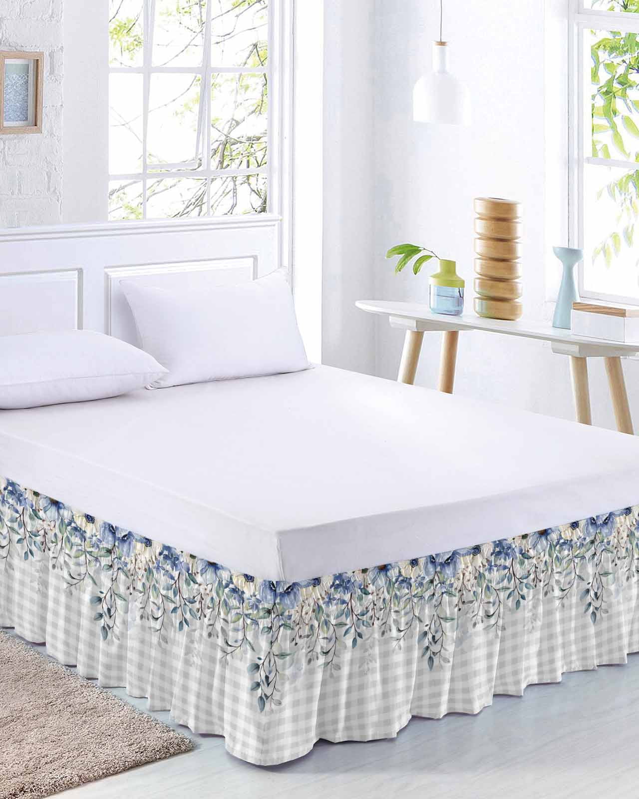 Eucalyptus Flowers Wrap Around Bed Skirts for Queen Bed 18" Drop,Bed Skirt with Adjustable Elastic Belt Dust Ruffle Bed Valance for Bedroom Hotel Botanical Floral Leaves Gray Plaid Bed Frame Cover