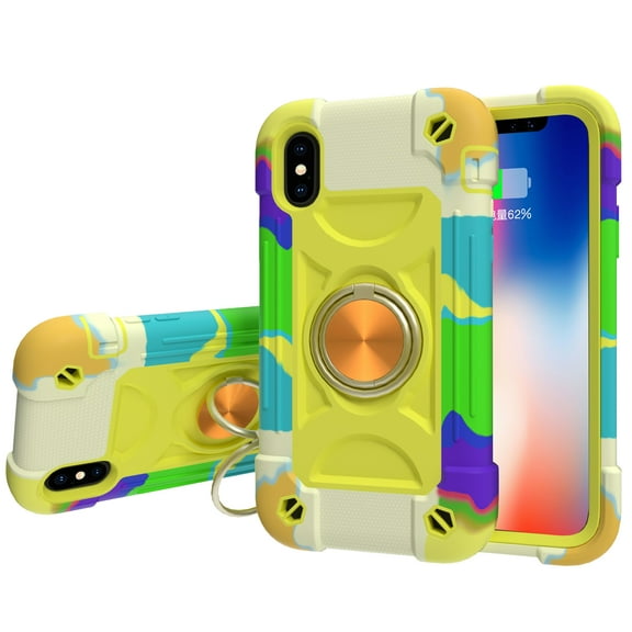 iPhone XS Max Case with 360° Rotating Metal Ring Kickstand Holder [Work with Magnetic Car Mount], Allytech Heavy Duty PC & Silicone Anti-Scratch Impact Resistant Case for iPhone XS Max, Rainbow Green