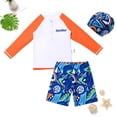 thumbnail image 2 of Staki Swimsuit for Boys Boys Two Pieces Swimsuit Set Short Sleeve Kids Rash Guard Boys Bathing Suit with Sun Cap for Toddler 2-9Y 10-14Y(Orange,9-10 Years), 2 of 9