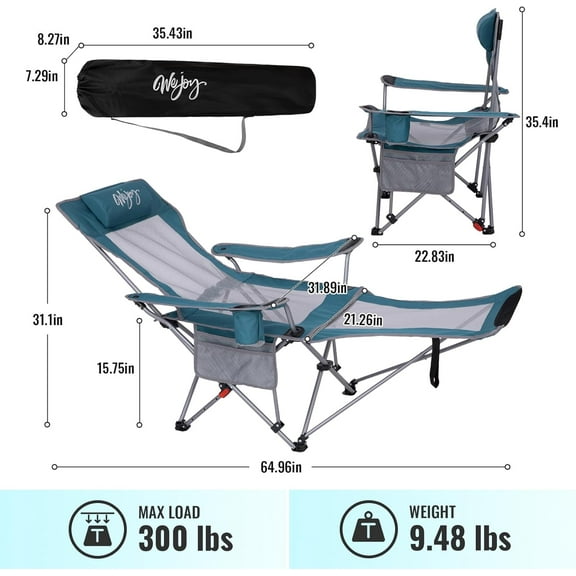 2-in-1 Reclining Camping Chair with Footrest for Adults Folding Lounge Chair with Adjustable Backrest Lightweight Camping Chairs Heavy Duty Camp Chairs for Outdoor