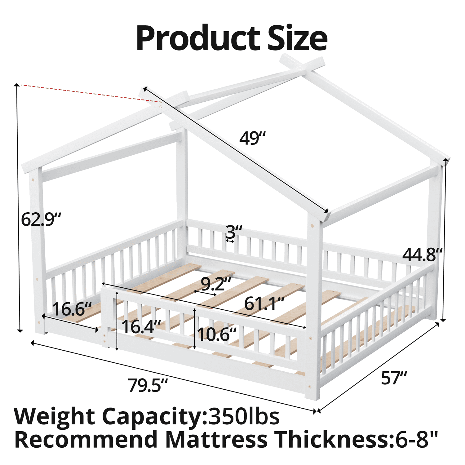 Twin Size House Floor Bed with Roof, Wooden Montessori Floor Bed Frame with Safety Fence and Wooden Slats, Montessori House Floor Bed for Boys and Girls, White